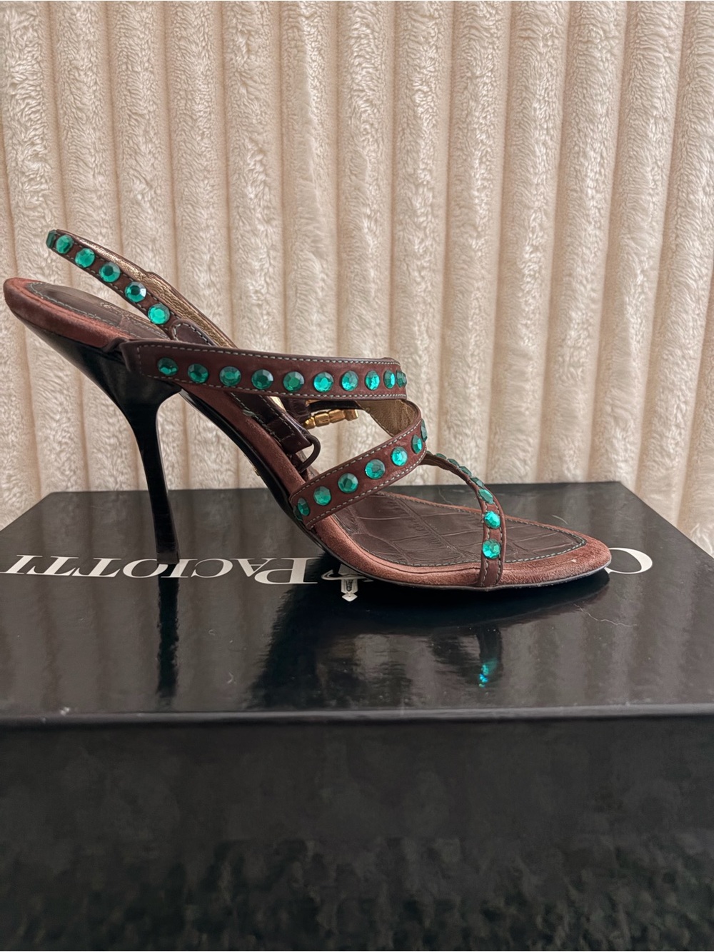 Cesare Paciotti Brown Leather Slingback Heels with Emerald Stones - Picture 3 of 5